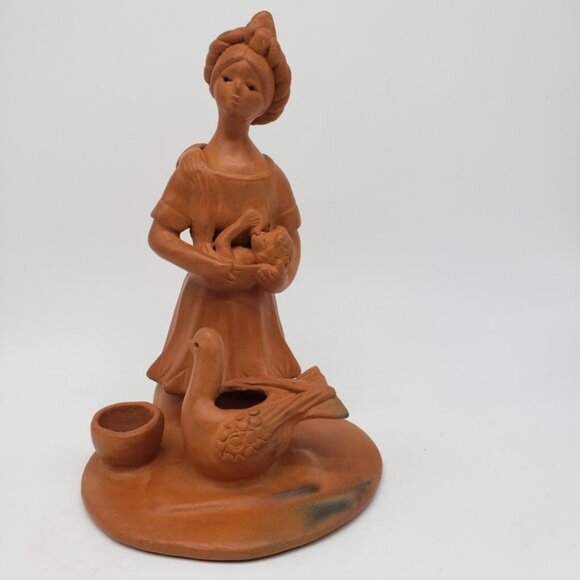 Vintage Woman & Baby Terracotta Figurine Hand Sculpted Clay Figure 7.5" Tall - Picture 1 of 9